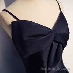 Dark Navy Blue Long Satin Prom Dresses, Dark Navy Blue Long Formal Evening Dresses