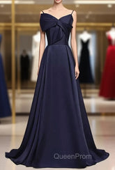 Dark Navy Blue Long Satin Evening Prom Dresses, Dark Navy Blue Long Evening Dresses