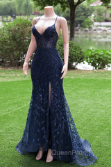 Dark Navy Blue Evening Prom Dresses Long Sequins Mermaid Women Tulle Evening Dresses Spaghetti Straps