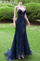 Dark Navy Blue Evening Prom Dresses Long Sequins Mermaid Women Tulle Evening Dresses Spaghetti Straps