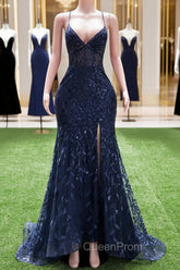 Dark Navy Blue Evening Prom Dresses Long Sequins Mermaid Women Tulle Evening Dresses Spaghetti Straps