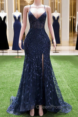 Dark Navy Blue Evening Prom Dresses Long Sequins Mermaid Women Tulle Evening Dresses Spaghetti Straps