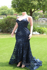Dark Navy Blue Evening Prom Dresses Sequins Mermaid Tulle Long Evening Dresses Spaghetti Straps