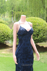Dark Navy Blue Evening Prom Dresses Sequins Mermaid Tulle Long Evening Dresses Spaghetti Straps