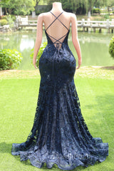 Dark Navy Blue Evening Prom Dresses Sequins Mermaid Tulle Long Evening Dresses Spaghetti Straps
