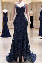 Dark Navy Blue Evening Prom Dresses Sequins Mermaid Tulle Long Evening Dresses Spaghetti Straps