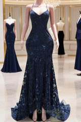 Dark Navy Blue Evening Prom Dresses Sequins Mermaid Tulle Long Evening Dresses Spaghetti Straps
