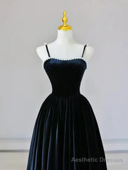 Dark Navy Blue Velvet Long Prom Dresses, Dark Navy Blue Velvet Long Formal Evening Dresses