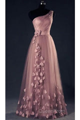 Dark Pink One Shoulder Flowers Tulle Bridesmaid Dresses, A-Line Pink Evening Prom Dresses