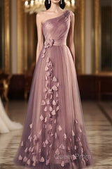 Dark Pink One Shoulder Flowers Tulle Bridesmaid Dresses, A-Line Pink Evening Prom Dresses