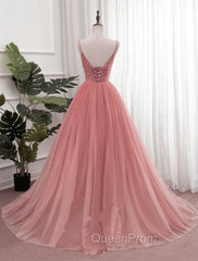 Dark Pink Sequins V-neckline Straps Long Evening Dresses, Tulle Pink Evening Prom Dresses