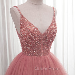 Dark Pink Sequins V-neckline Straps Long Evening Dresses, Tulle Pink Evening Prom Dresses