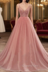 Dark Pink Sequins V-neckline Straps Long Evening Dresses, Tulle Pink Evening Prom Dresses