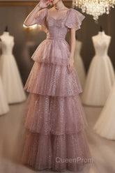 Dark Pink Shiny Tulle Short Sleeves Party Dresses, Beaded Pink Tulle Evening Prom Dresses