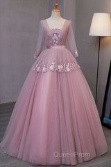 Dark Pink V-Neckline Ball Gown Lace Applique Sweet 16 Dresses, Pink Evening Prom Dresses Party Dresses