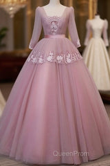 Dark Pink V-Neckline Ball Gown Lace Applique Sweet 16 Dresses, Pink Evening Prom Dresses Party Dresses