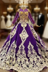Dark Purple Ball Gown Tulle Long Sleeve High Neck Wedding Dresses