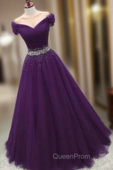 Dark Purple Beaded Tulle Off Shoulder Party Dresses Purple Junior Evening Prom Dresses Evening Prom Dresses shops