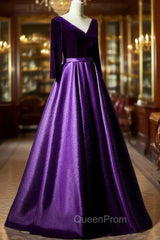 Dark Purple Long Sleeves V-neckline Velvet and satin Long Party Dresses, Long Evening Dresses Evening Prom Dresses