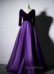 Dark Purple Long Sleeves V-neckline Velvet and satin Long Party Dresses, Long Evening Dresses Evening Prom Dresses