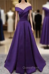 Dark Purple Off Shoulder Satin Long Evening Gown, Evening Prom Dresses