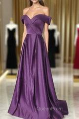 Dark Purple Satin Off Shoulder Long Evening Dresses, Purple Evening Dresses Evening Prom Dresses