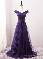 Dark Purple Sweetheart Tulle Off Shoulder Bridesmaid Dress, Long Prom Dress