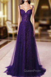 Dark Purple Sweetheart Tulle with Lace Straps Party Dresses, Dark Purple Evening Prom Dresses