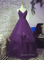 Dark Purple Tulle Layers Evening Gown, Purple Evening Party Dresses