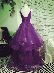 Dark Purple Tulle Layers Evening Gown, Purple Evening Party Dresses