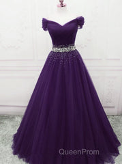 Dark Purple Tulle Long Evening Prom Dresses, Beautiful Junior Evening Prom Dresses