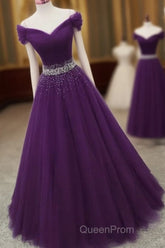 Dark Purple Tulle Long Evening Prom Dresses, Beautiful Junior Evening Prom Dresses