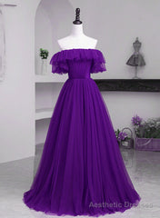 Dark Purple Tulle Off Shoulder Long Party Dress, A-line Purple Prom Dress