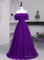 Dark Purple Tulle Off the Shoulder Pleats Prom Dress