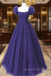 Dark Purple Tulle Scoop A-line Long Evening Dresses, Dark Purple Evening Dresses Evening Prom Dresses