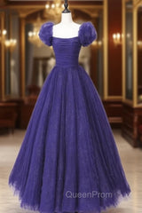 Dark Purple Tulle Sequins Puff Sleeve Pleats Evening Prom Dresses