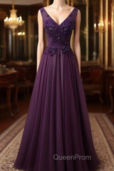 Dark Purple V-neckline Beaded Tulle Long Evening Dresses Purple Evening Dresses Evening Prom Dresses shops