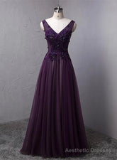 Dark Purple V-neckline Beaded Tulle Long Formal Dress Purple Evening Dress prom dresses shops