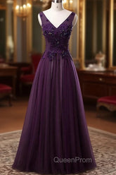 Dark Purple V-neckline Beaded Tulle Long Evening Dresses, Purple Evening Dresses