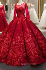 Dark Red Ball Gown Tulle Appliques Long Sleeve Backless Luxury Evening Prom Dresses