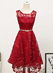 Dark Red High Low Lace Party Dresses Homecoming Dresses, Red Short Evening Prom Dresses
