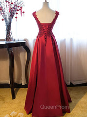 Dark Red Lace Long Junior Evening Prom Dresses, Lace Top Party Dresses