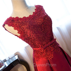 Dark Red Lace Long Junior Evening Prom Dresses, Lace Top Party Dresses