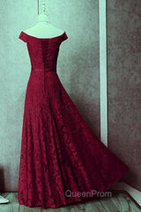 Dark Red Lace Off Shoulder Bridesmaid Dresses, Long Evening Prom Dresses