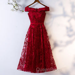 Dark Red Lace Off Shoulder Short Party Dresses Formal Dresses, Wine Red Homecoming Dresses