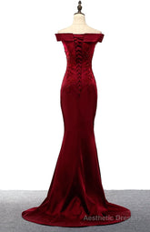 Dark Red Mermaid Satin Long Party Dress, Off Shoulder Evening Dress