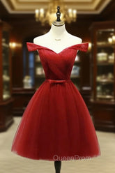 Dark Red Off the Shoulder Tulle Knee Length Party Dresses, Red Homecoming Dresses