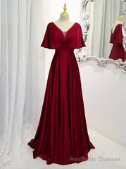Dark Red Satin A-line Floor Length Evening Dress, Wine Red Wedding Party Dresses