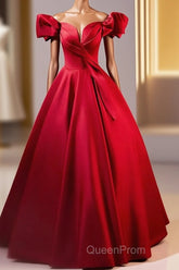 Dark Red Satin Long Evening Prom Dresses, Off The Shoulder A-Line Formal Evening Dresses