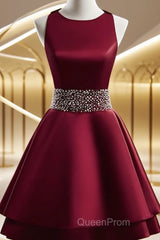 Dark Red Satin Short Two Layered Homecoming Dresses, O-Neckline Party Dresses, Short Formal Dresses